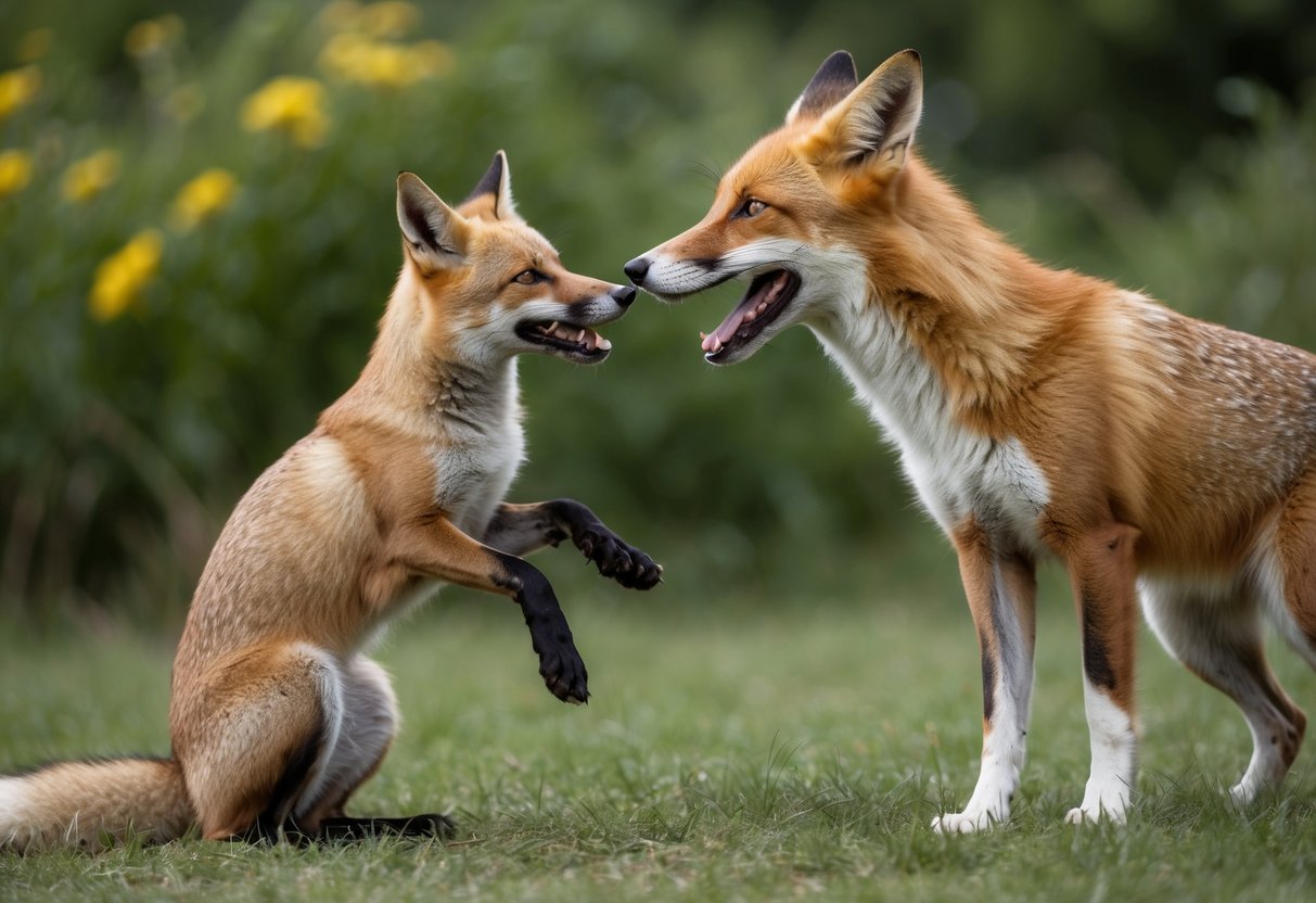 A fox and a dog playfully interact in a natural setting, showing signs of mutual curiosity and engagement