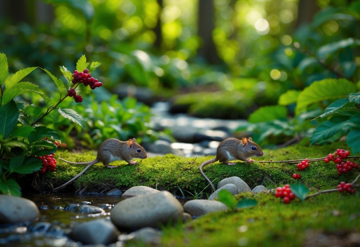 A lush forest clearing with a stream, wild berries, and small rodents