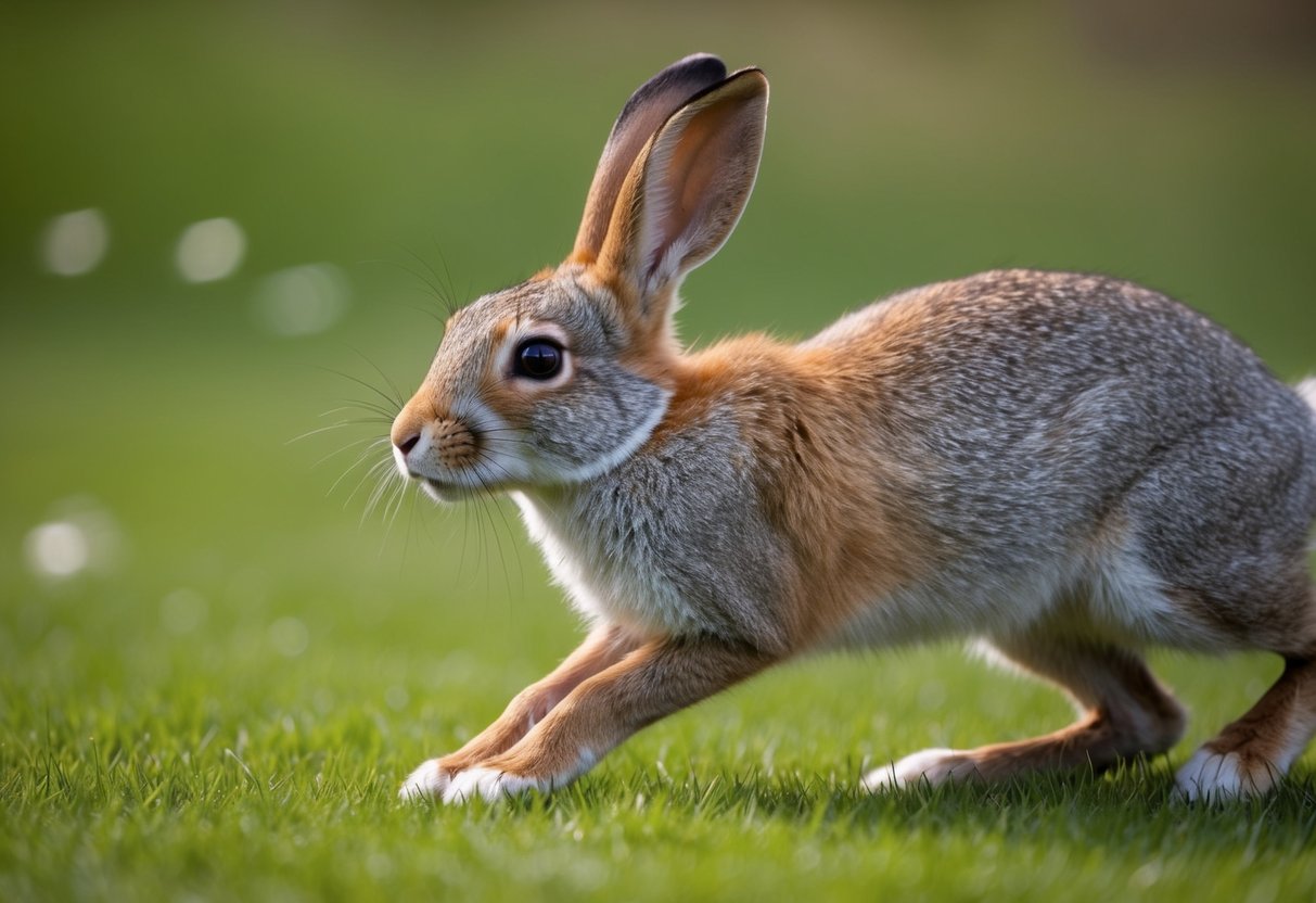A startled rabbit freezes as a fox approaches, its ears perked and eyes fixed on the potential prey