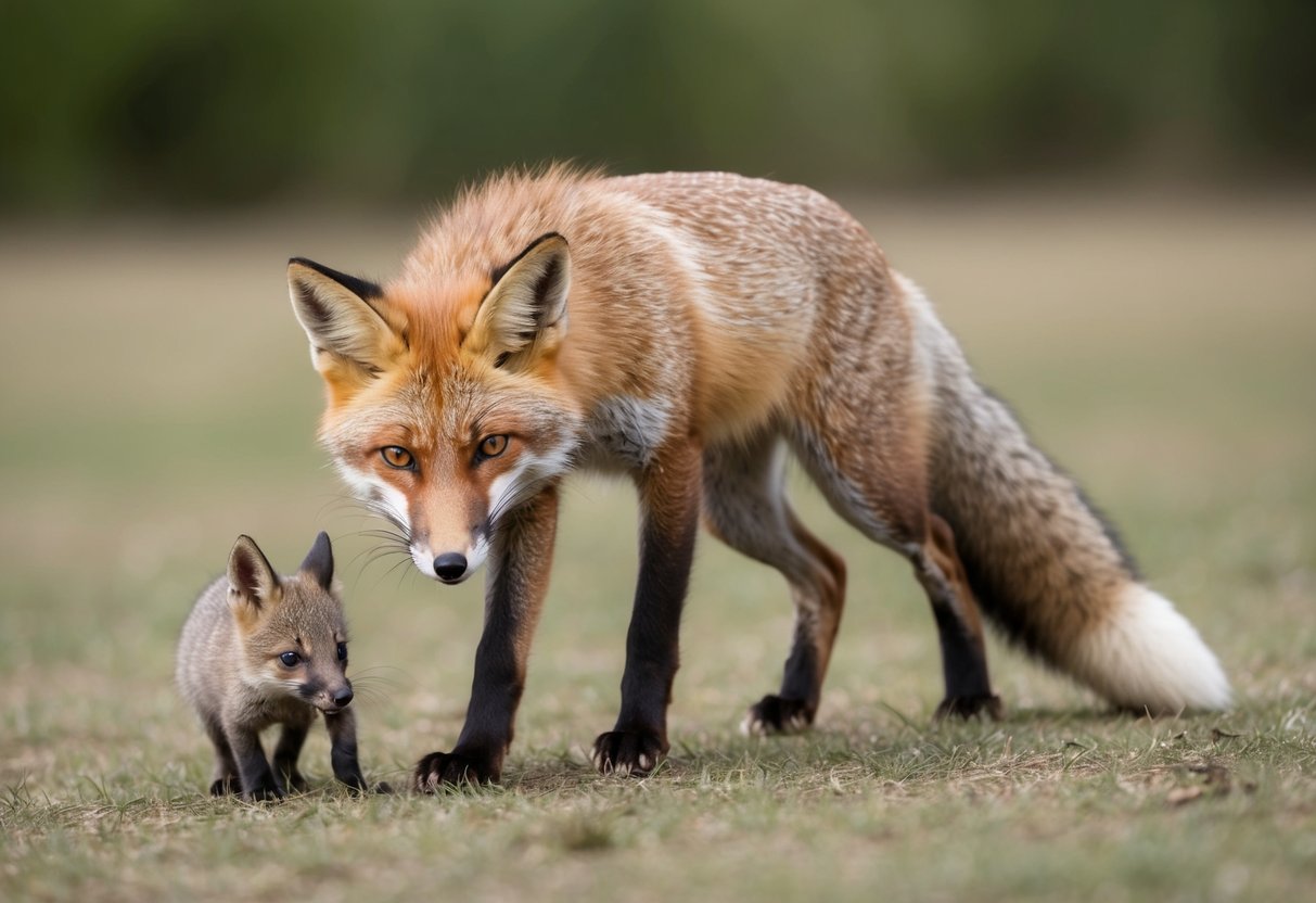 A fox approaches cautiously, ears perked and tail low. It sniffs the air before cautiously approaching a small animal