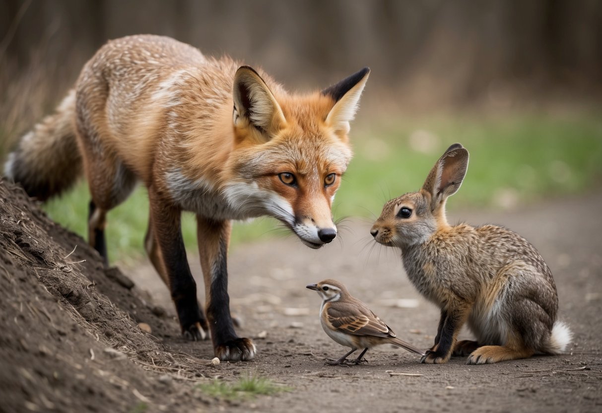 A fox cautiously approaches a small bird on the ground, while a rabbit watches from the safety of a nearby burrow