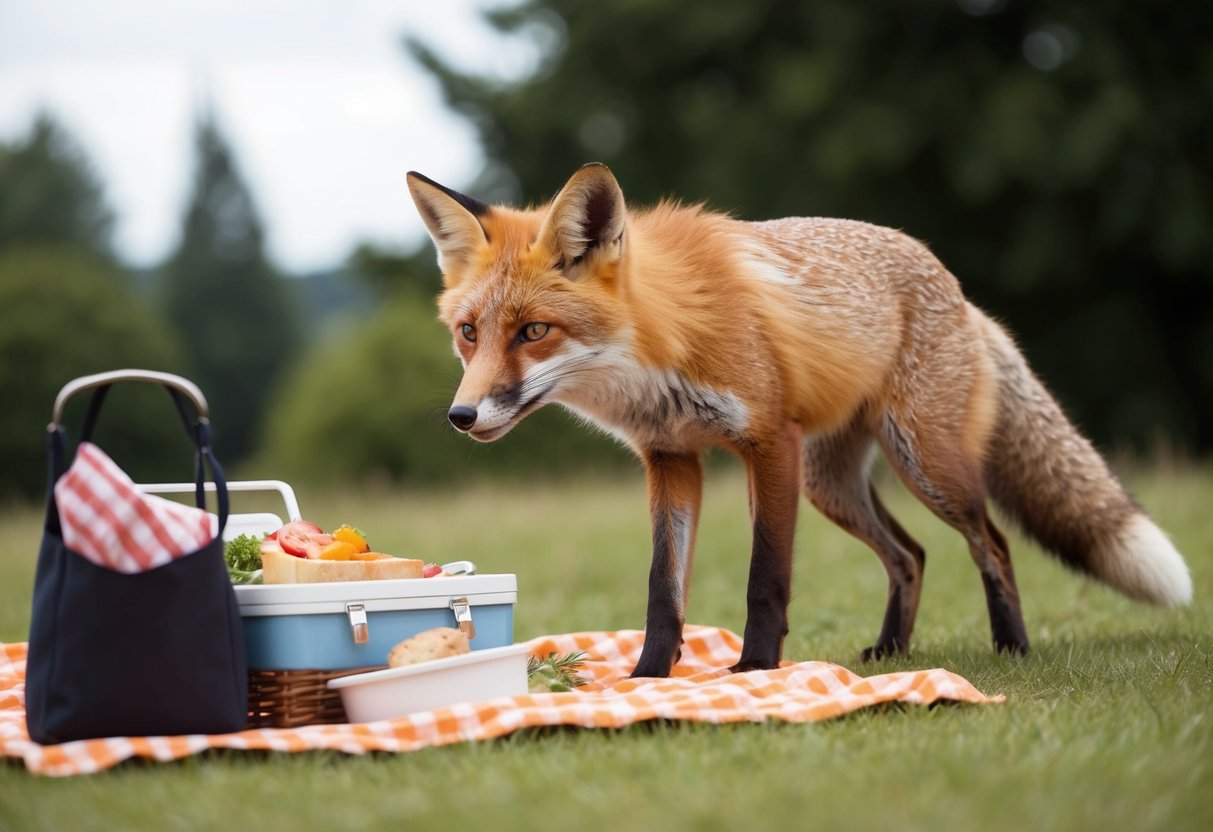 A fox cautiously approaches a person's discarded picnic, sniffing the air for any leftover food scraps