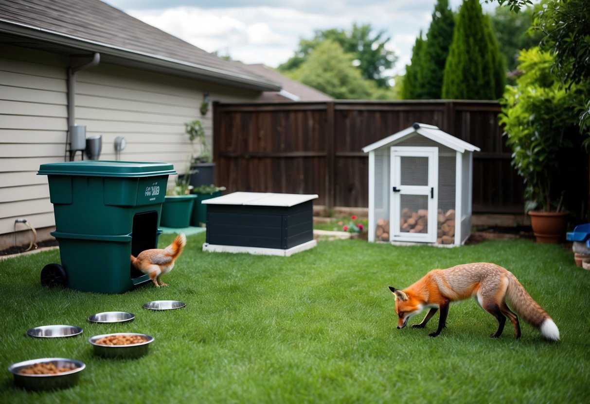 A suburban backyard with a small, open compost bin, a chicken coop, and scattered pet food bowls. A fox is sniffing around the area