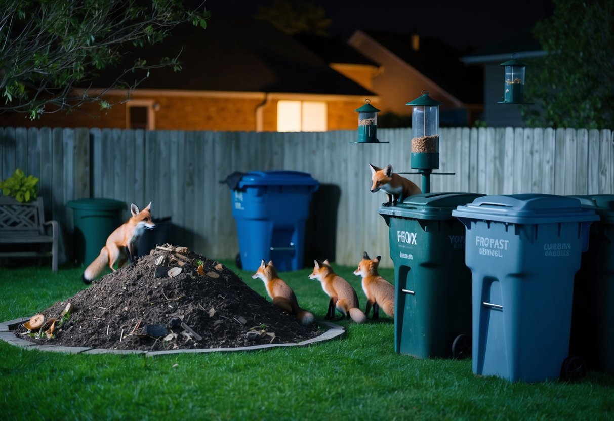 A suburban backyard with a compost pile, garbage cans, and bird feeders attracting foxes at night