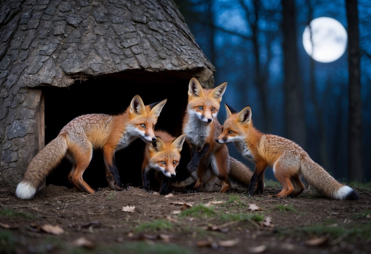 After leaving their mother, young foxes explore the den entrance, playfully pounce on each other, and practice hunting skills together in the moonlit forest