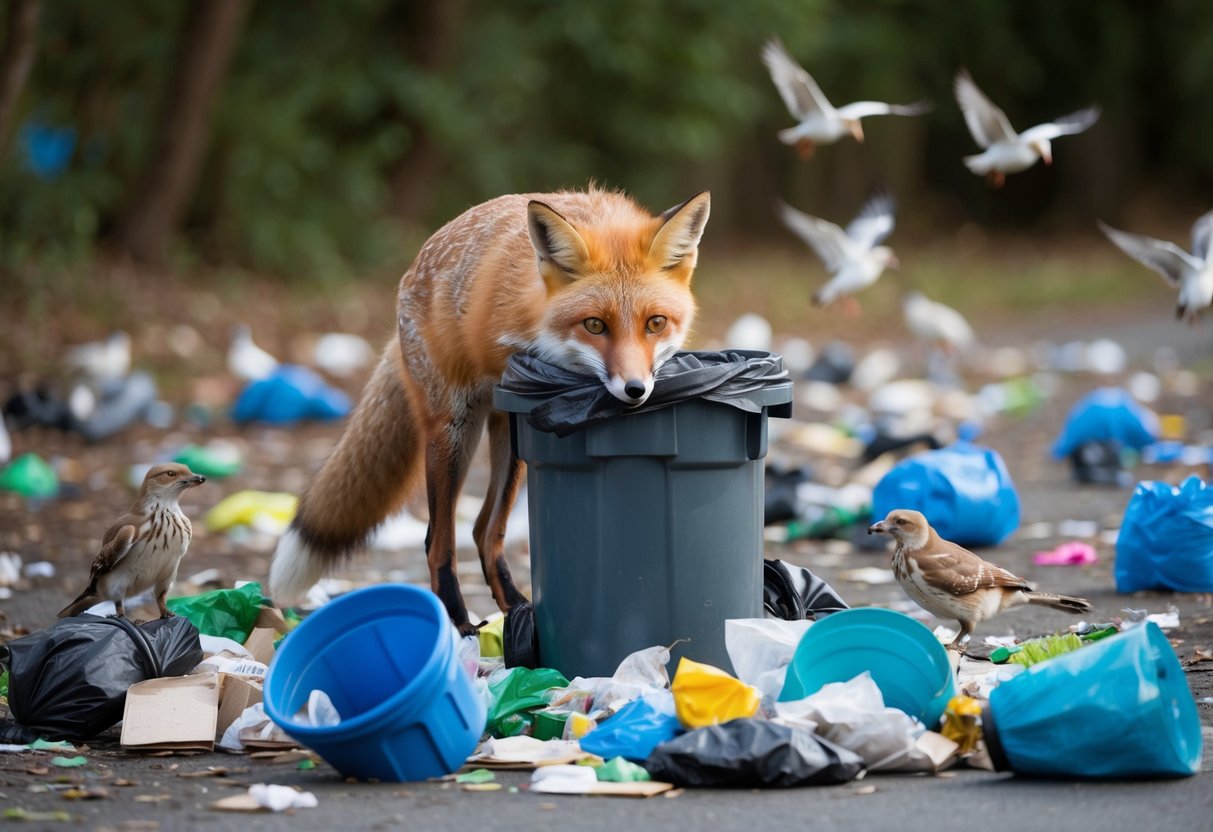 A fox scavenging through a trash can, surrounded by scattered garbage and frightened birds