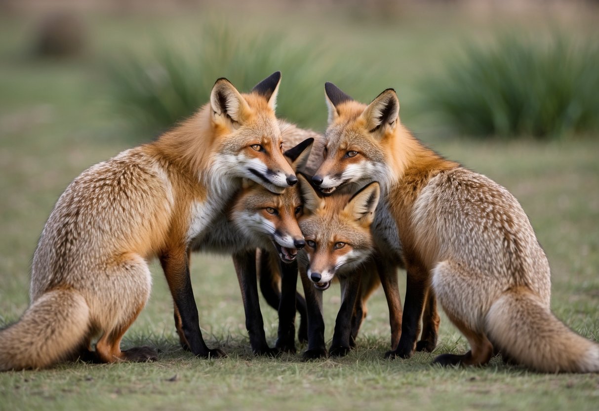 A group of foxes huddled together, showing signs of aggression and competition for resources within their social structure