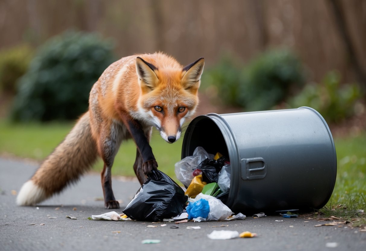 A fox digging through a trash can, scattering garbage