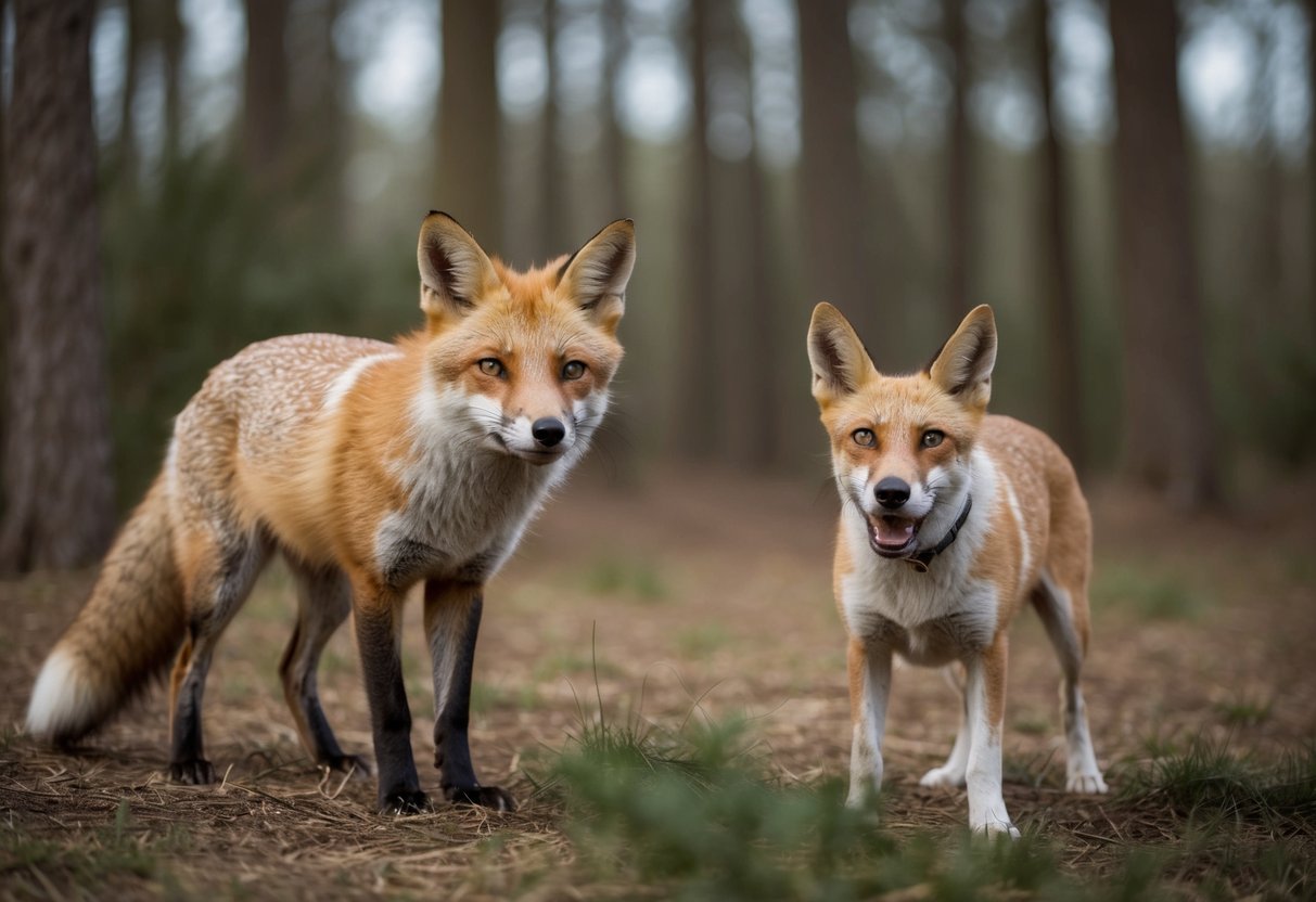 A fox with a wary expression, standing near a dog, both surrounded by a forest setting
