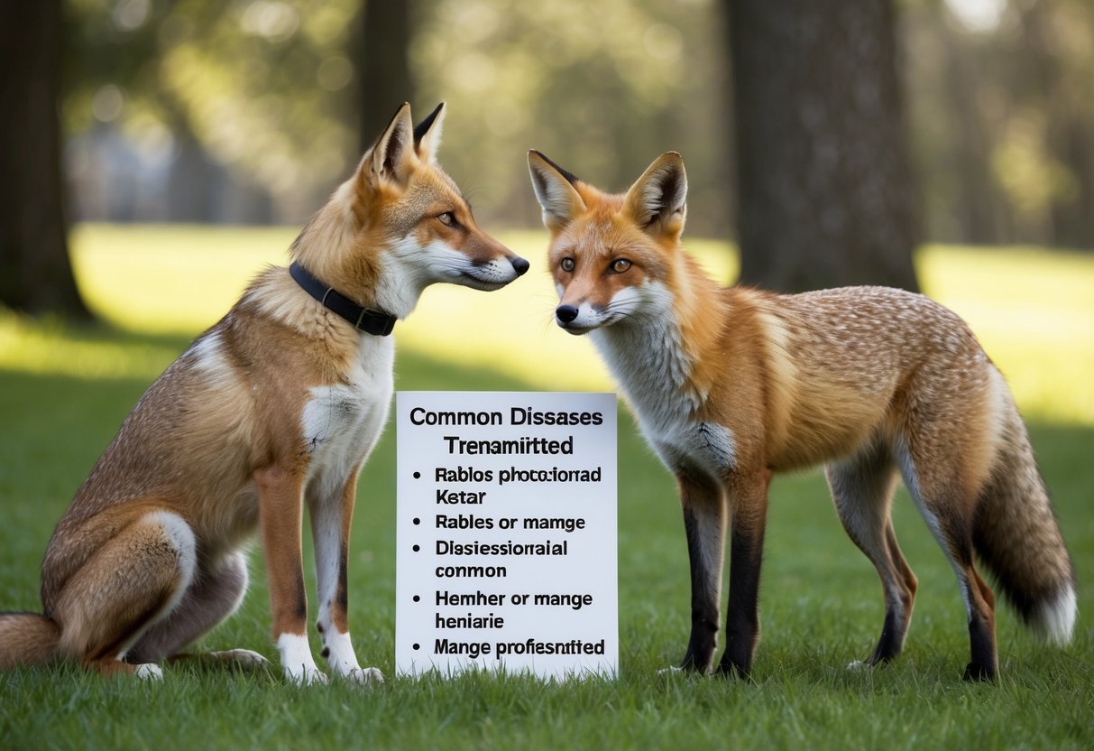 A fox stands near a dog, with a list of common diseases transmitted between them, such as rabies and mange