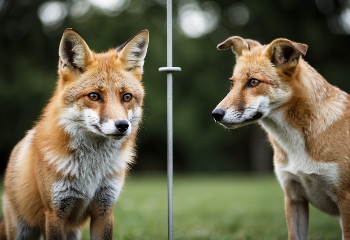 A fox and a dog standing apart, with a barrier between them. The fox has a worried expression, while the dog looks curious but cautious