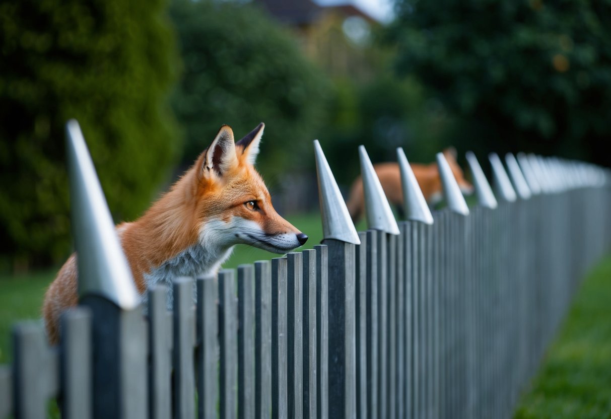 A sturdy fence topped with angled metal spikes deters foxes from entering the garden at night