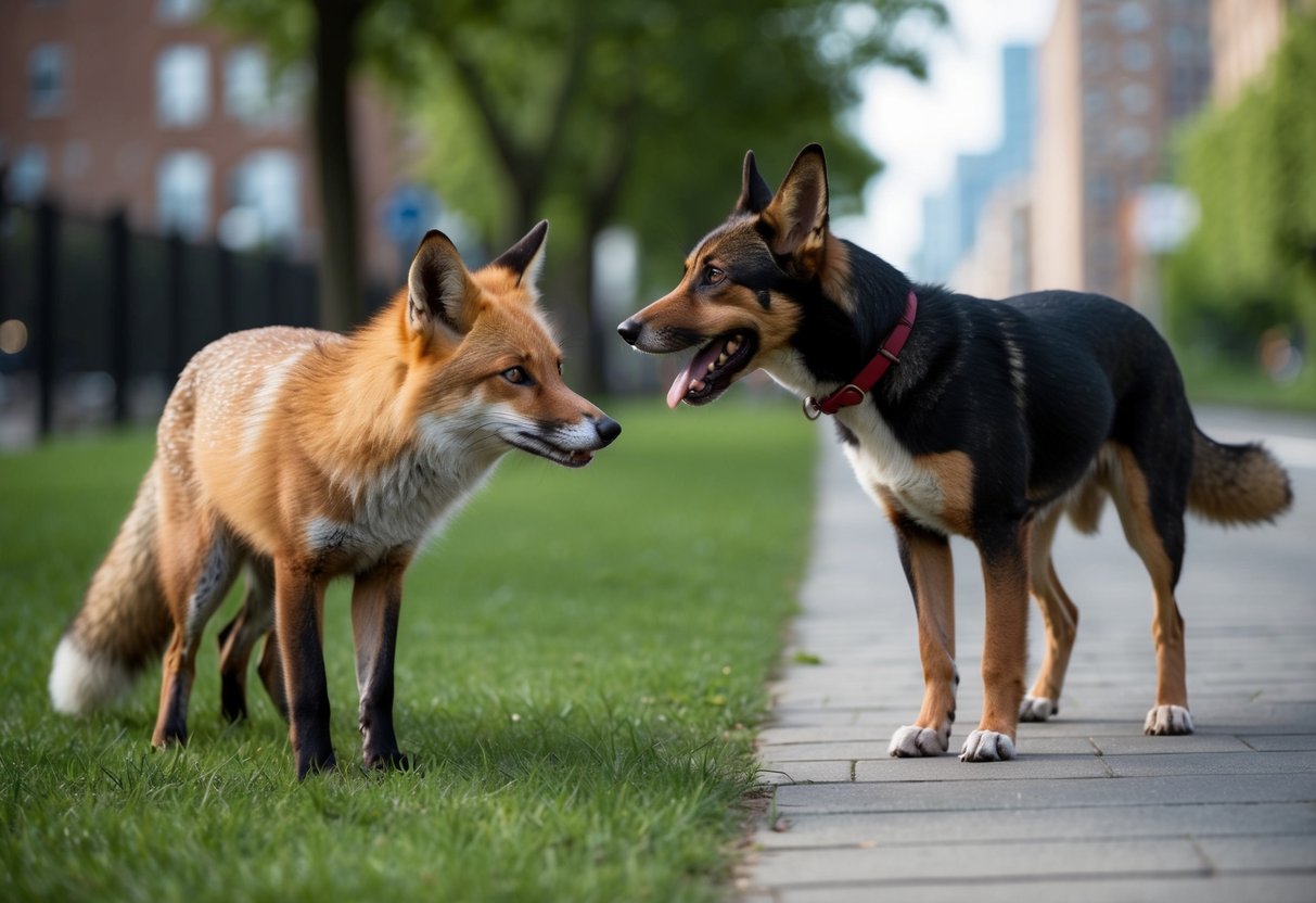 A fox and a dog encounter each other in an urban park, with the fox exhibiting cautious behavior and the dog showing curiosity