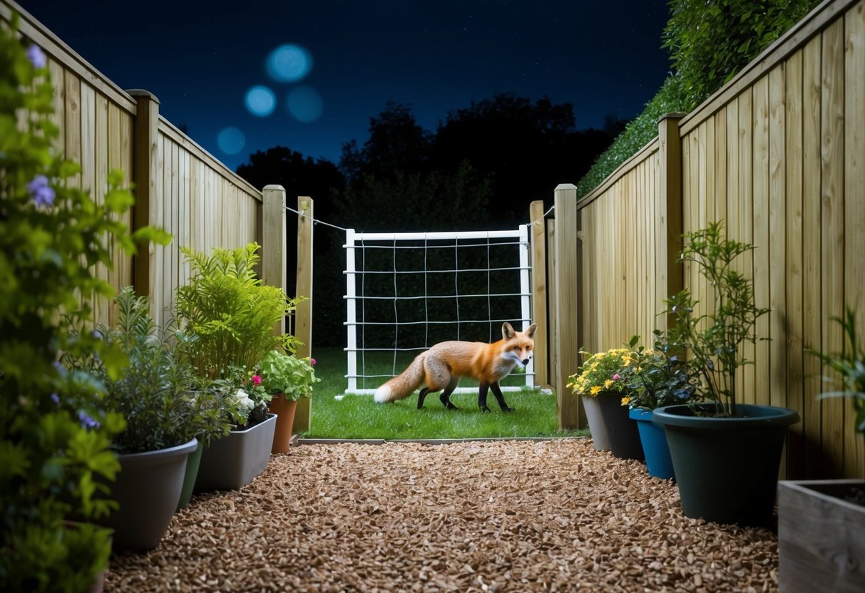 A garden at night, with a fox approaching and a barrier being put up to prevent entry