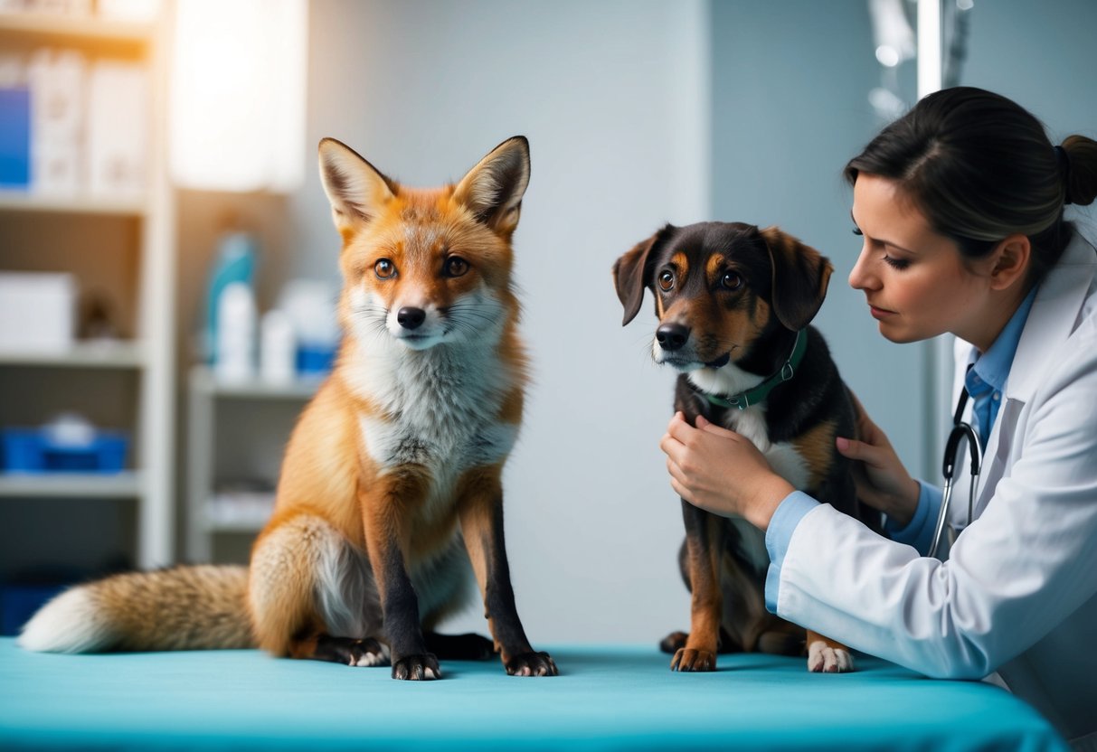 A fox with a worried expression sits next to a concerned dog, while a veterinarian examines them both
