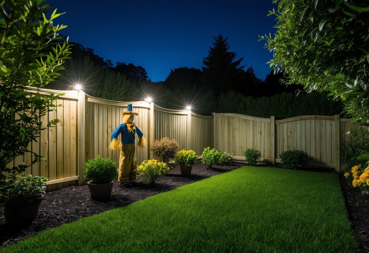 A sturdy fence surrounds a lush garden at night. Motion-activated lights and a scarecrow stand guard, deterring foxes