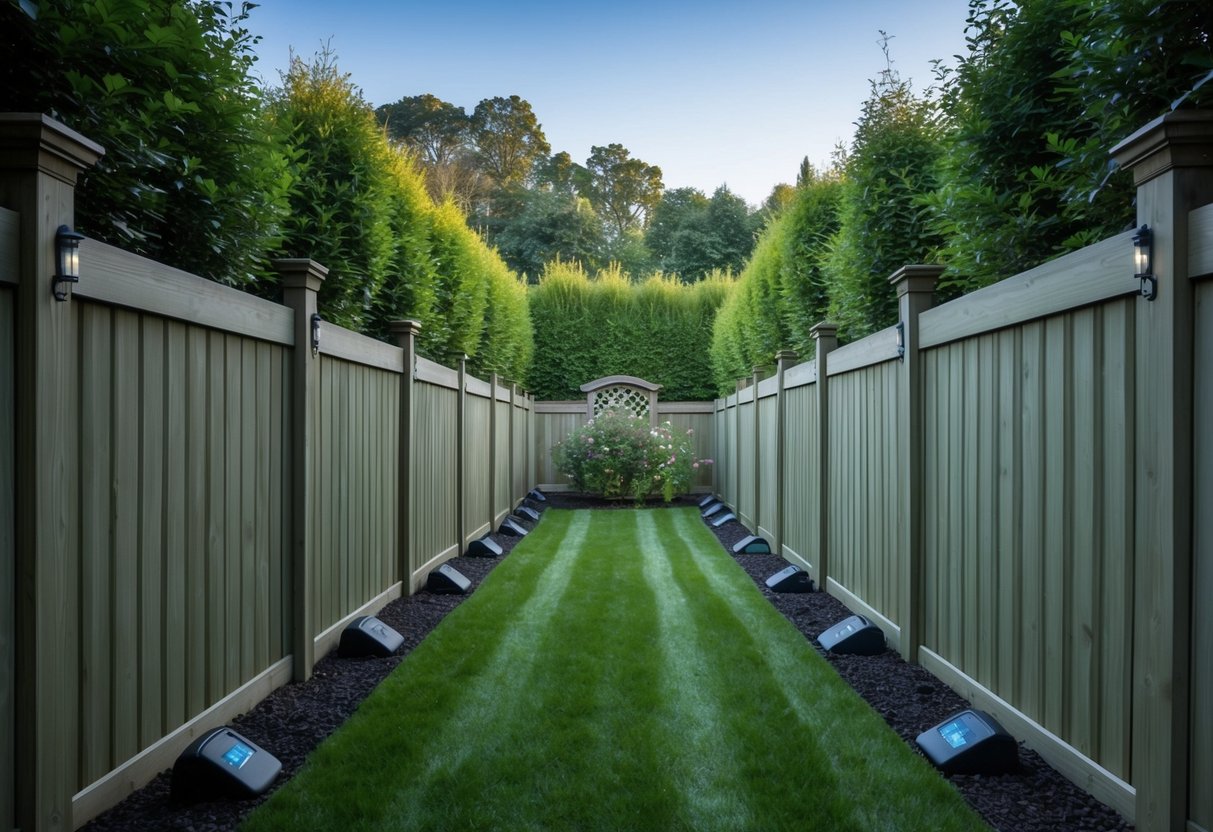A garden surrounded by tall, sturdy fences with secure gates. Motion-activated lights and sound devices installed throughout the perimeter