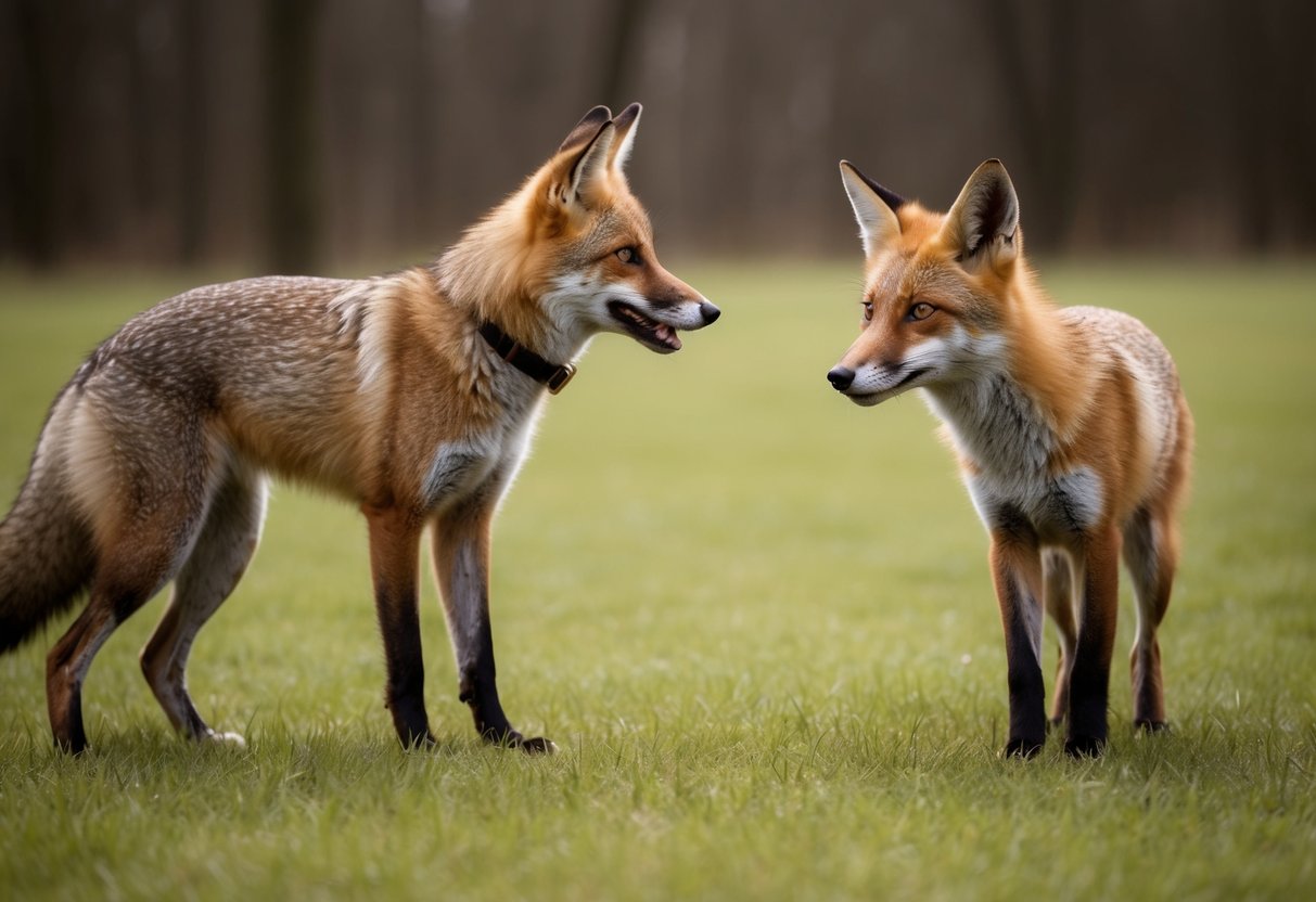 A fox approaches a dog, standing alert with ears perked