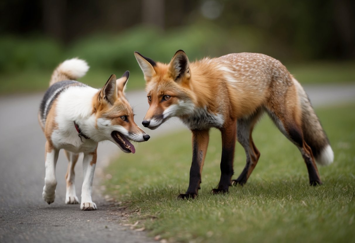 A fox cautiously approaches a wary dog, its body low to the ground, ears alert, and eyes fixed on the canine