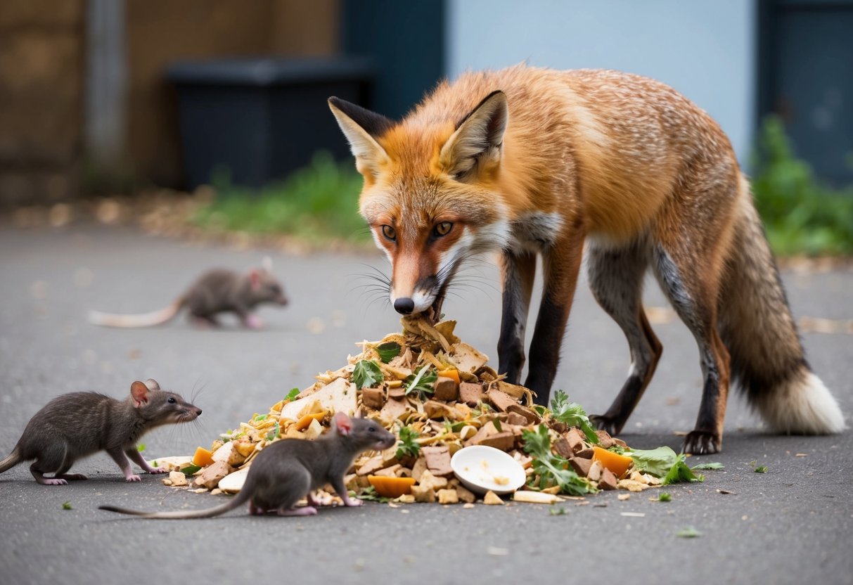 A fox eagerly eats from a pile of food scraps, while nearby rats scurry around, attracted by the scent and sound of the feeding