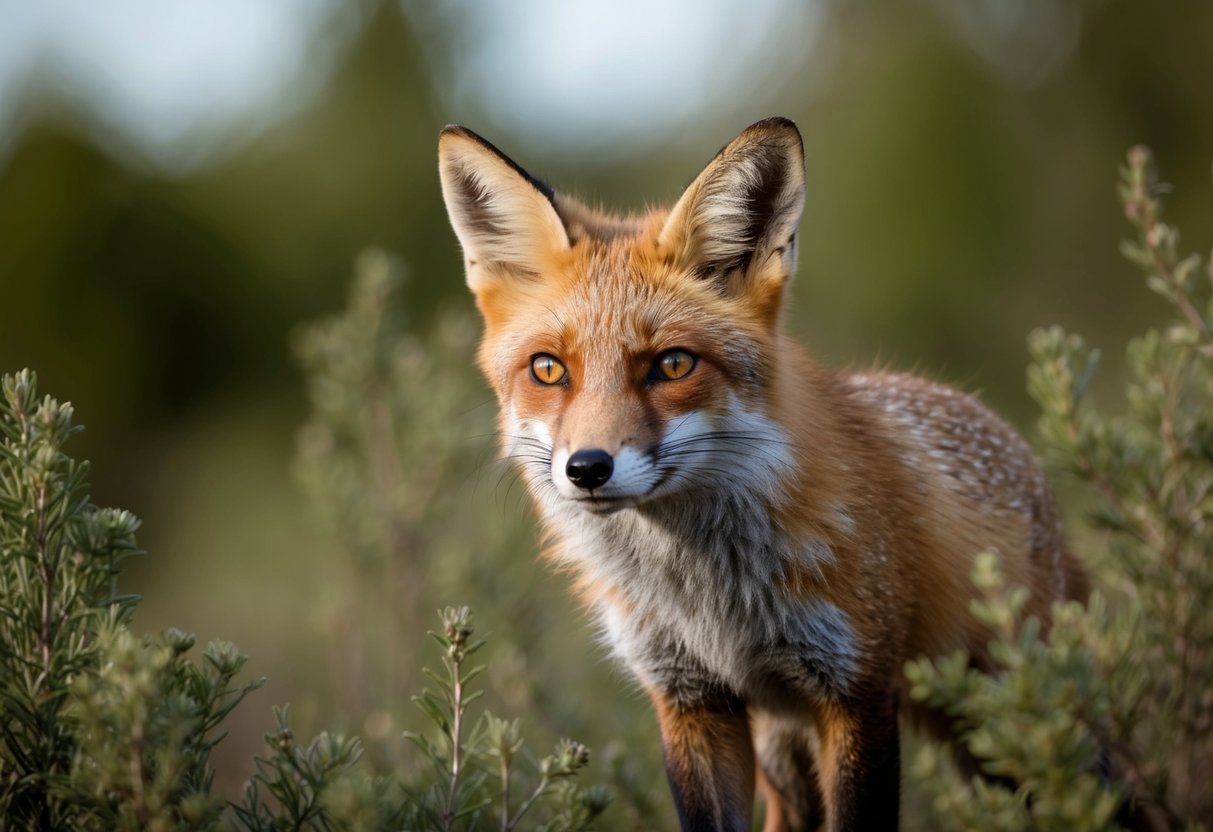 A fox cautiously peers out from behind a bush, its ears perked and eyes focused, ready to dart away at any sign of danger