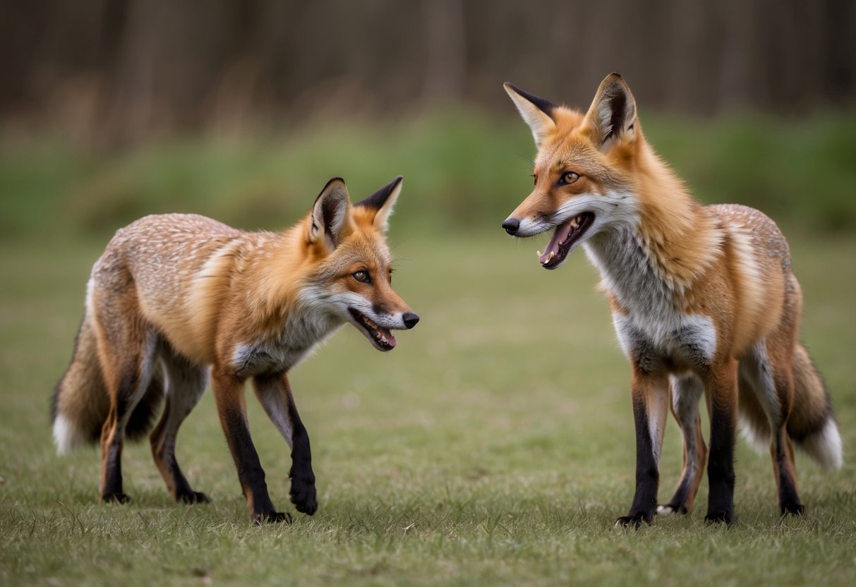A fox approaches a barking dog. The dog stands alert, ears up, while the fox cautiously circles, keeping a safe distance
