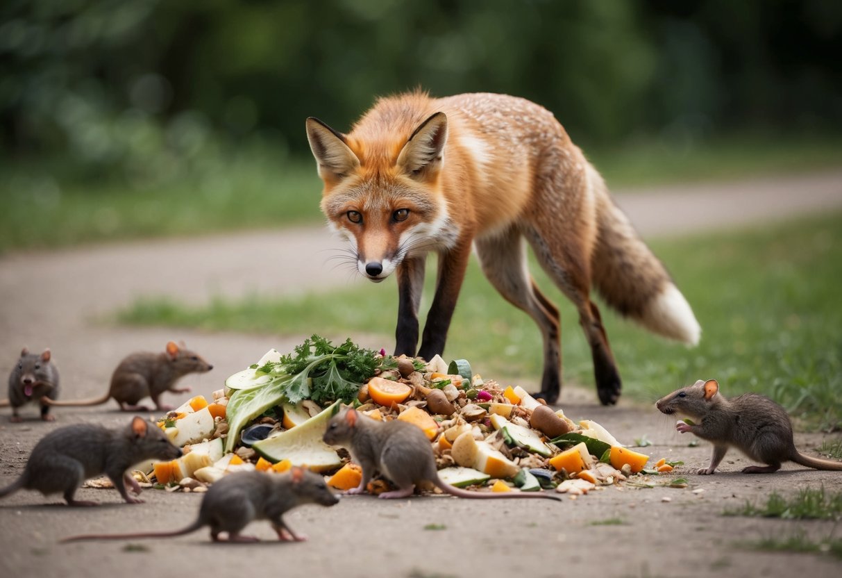 A fox cautiously approaches a pile of food scraps while a group of rats scurry nearby, attracted to the scent