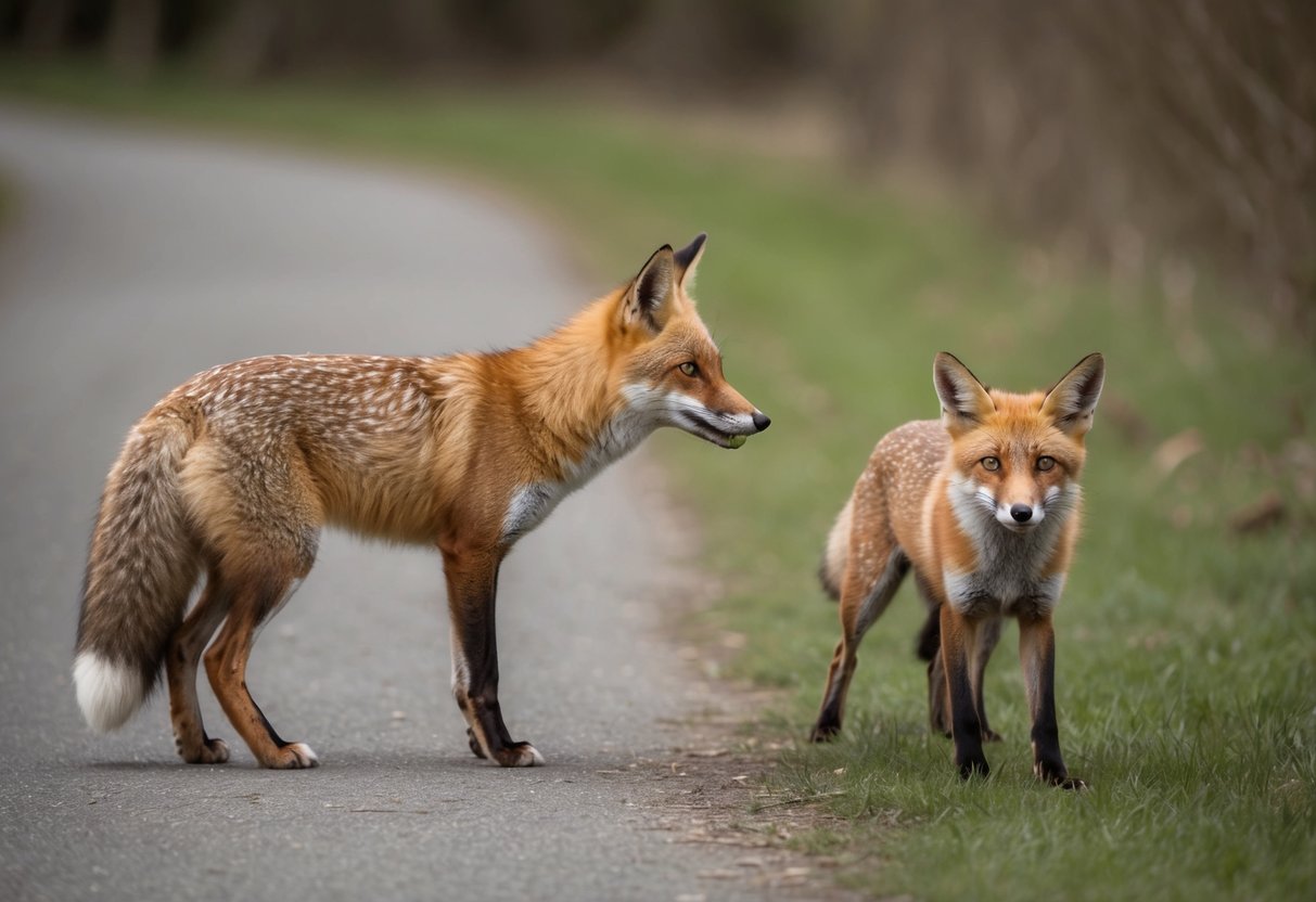 A fox approaches a dog, the dog stands alert, ears perked, while the fox cautiously watches from a distance
