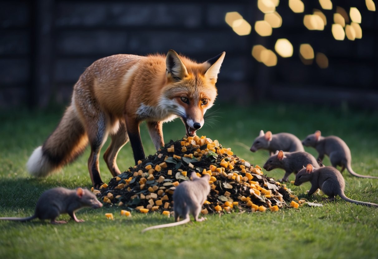 A fox eagerly eats from a pile of food while a group of rats cautiously approach from the shadows