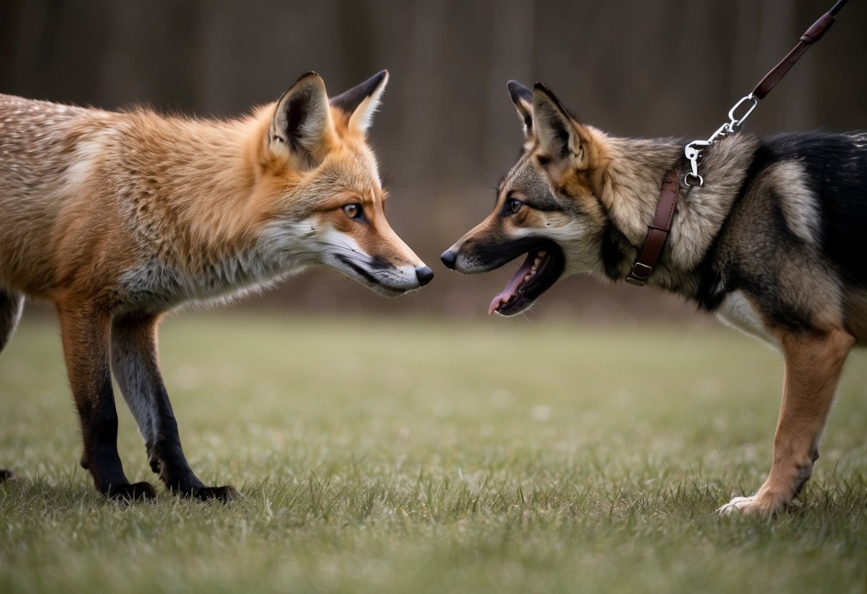 A fox cautiously approaches a wary dog, both frozen in a tense standoff, their eyes locked in a silent exchange
