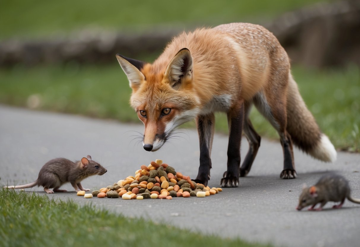 A fox feeds on scattered food while rats cautiously approach nearby