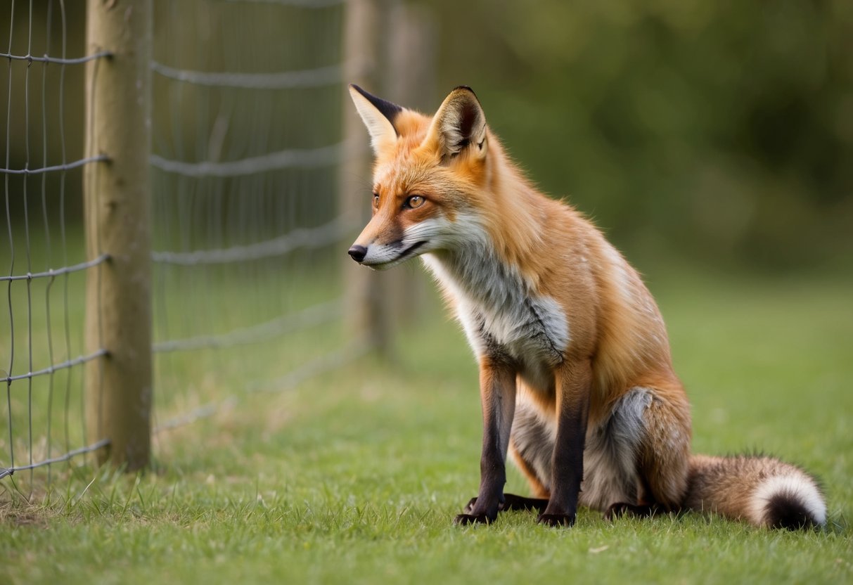 A fox with a limp, looking distressed near a fence