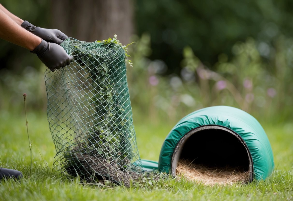 A fox den being filled with strong-smelling substances and covered with mesh to deter foxes