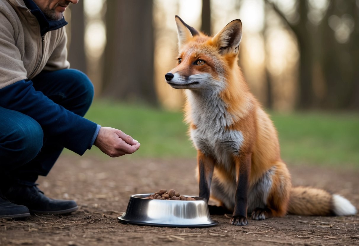 A fox sitting near a food bowl, looking up at a figure with a kind expression