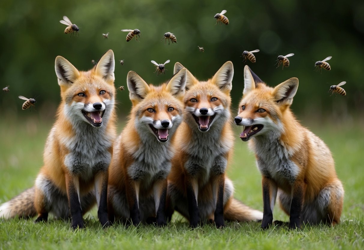 Foxes hiss and bare their teeth as a swarm of buzzing insects surrounds them, irritating their sensitive ears and fur