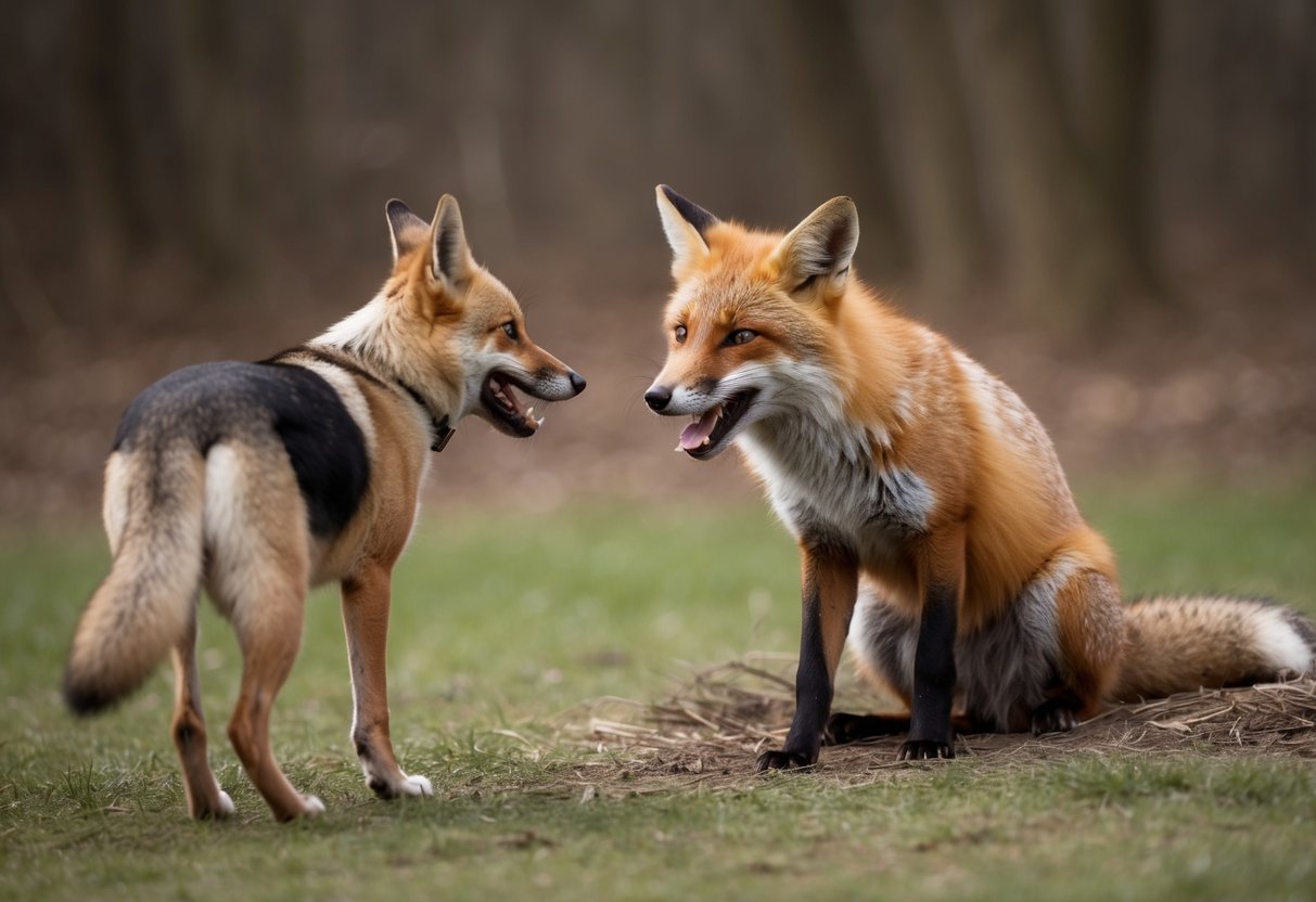 A fox growls and raises its fur as a dog approaches its den