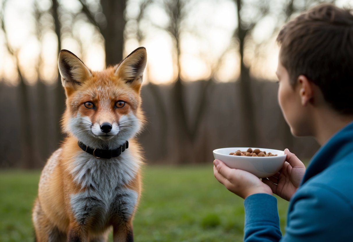 A fox with a collar stands near a person holding a bowl of food