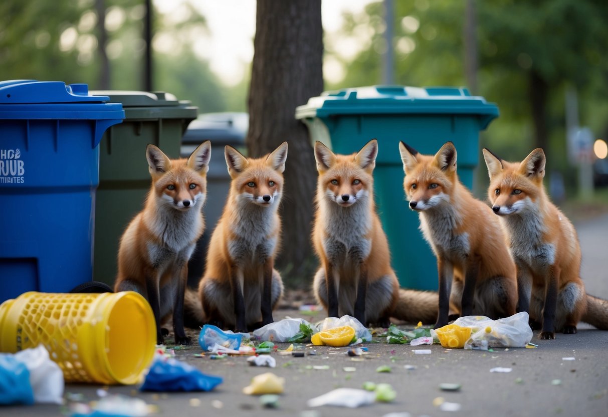 A group of foxes surrounded by trash cans and scattered food waste, looking irritated by the presence of humans and their belongings