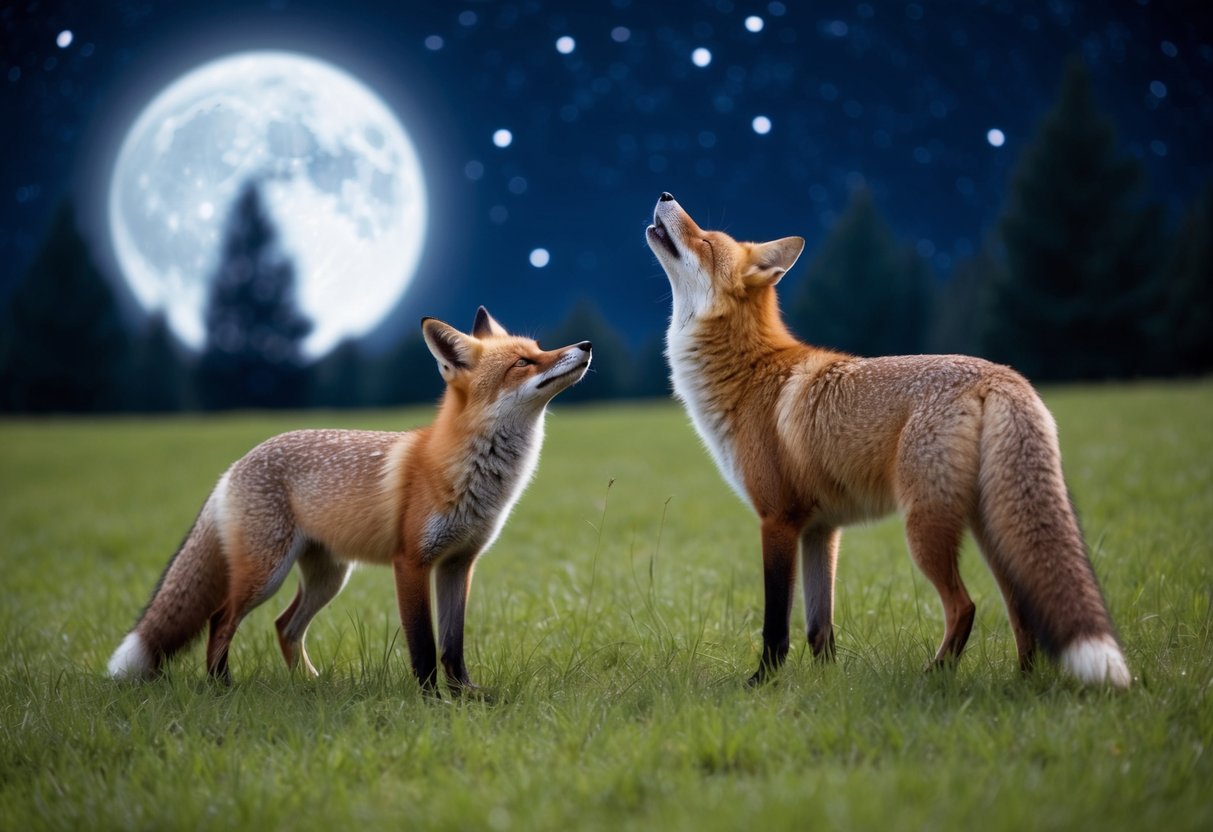 A fox howls in a moonlit forest, while another fox yips in a grassy meadow under the stars