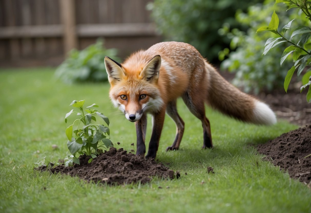 A fox rummages through a garden, scattering plants and digging up the ground