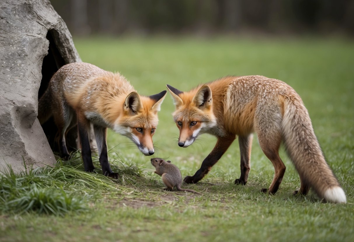 A fox emerges from a den, sniffing the air. It investigates a patch of grass before pouncing on a small rodent