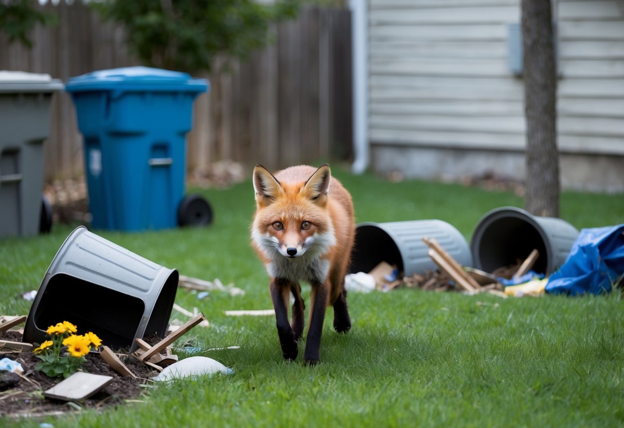 A fox prowls through a suburban backyard, surrounded by overturned trash cans and torn up flower beds