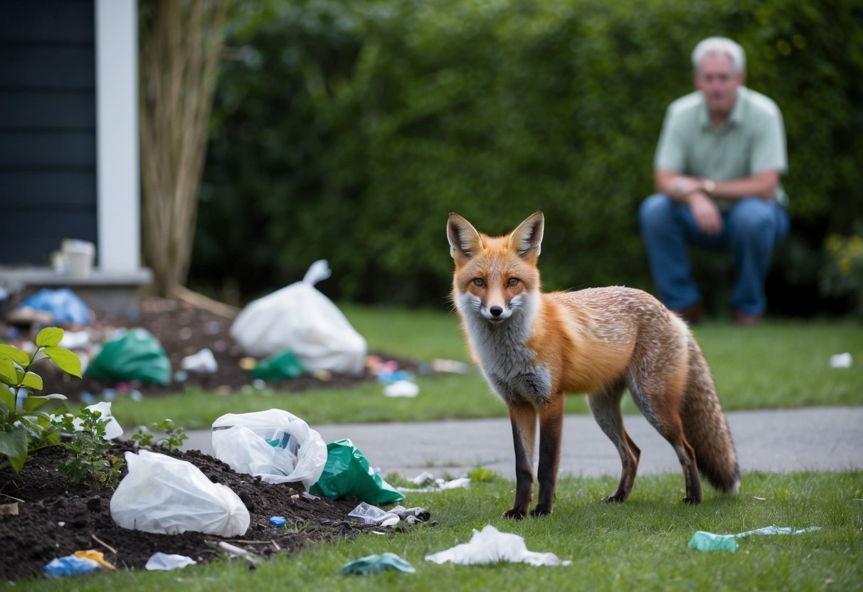 A fox stands near a damaged garden, with scattered trash and torn bags. A concerned homeowner watches from a distance