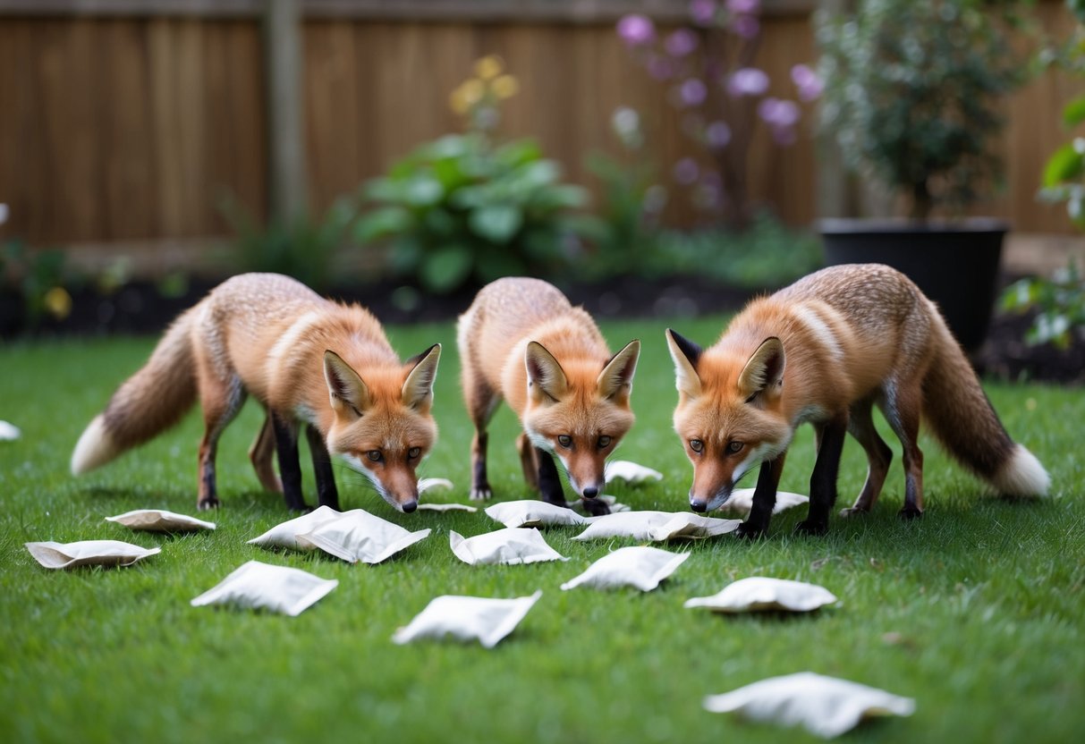 A garden with scattered tea bags, foxes cautiously sniffing around