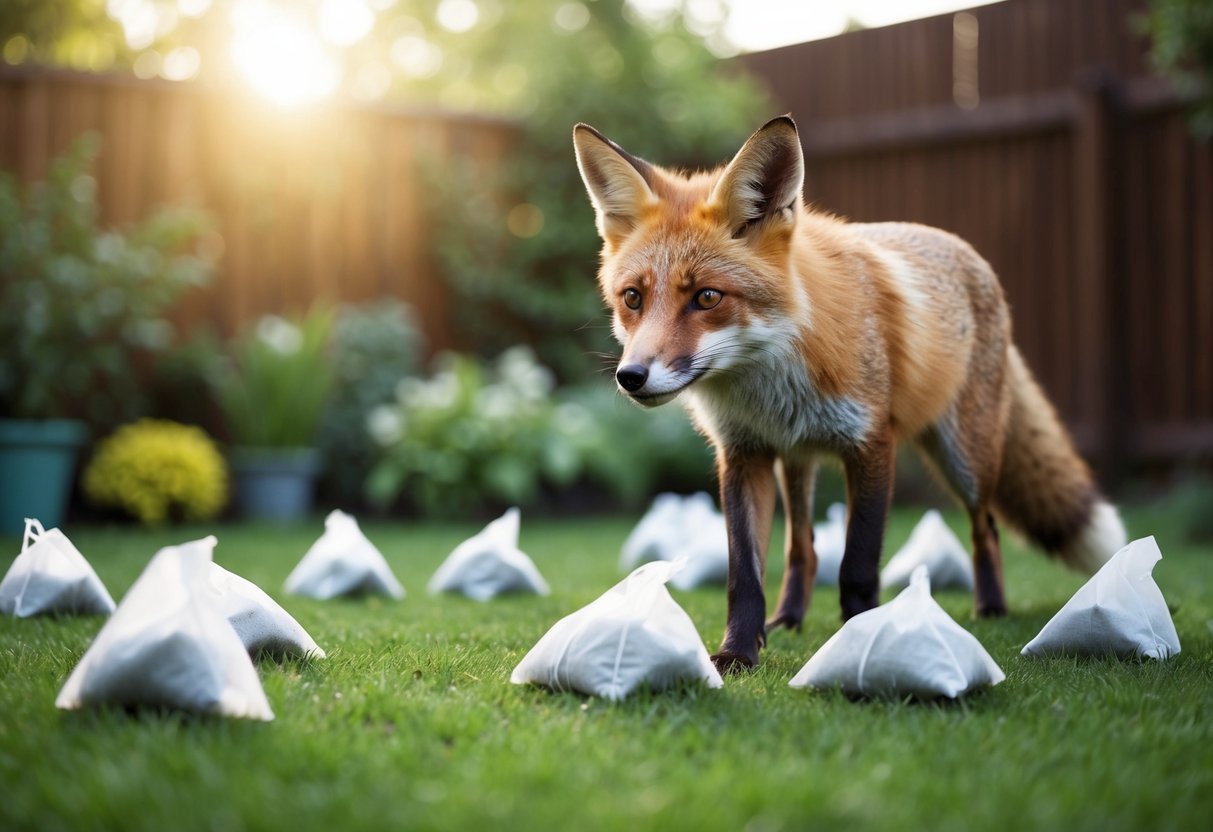 Tea bags scattered around a garden, with a curious fox approaching cautiously