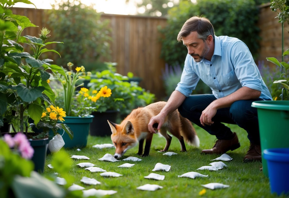 A garden with scattered tea bags among plants, a curious fox sniffing around, and a frustrated gardener looking for solutions