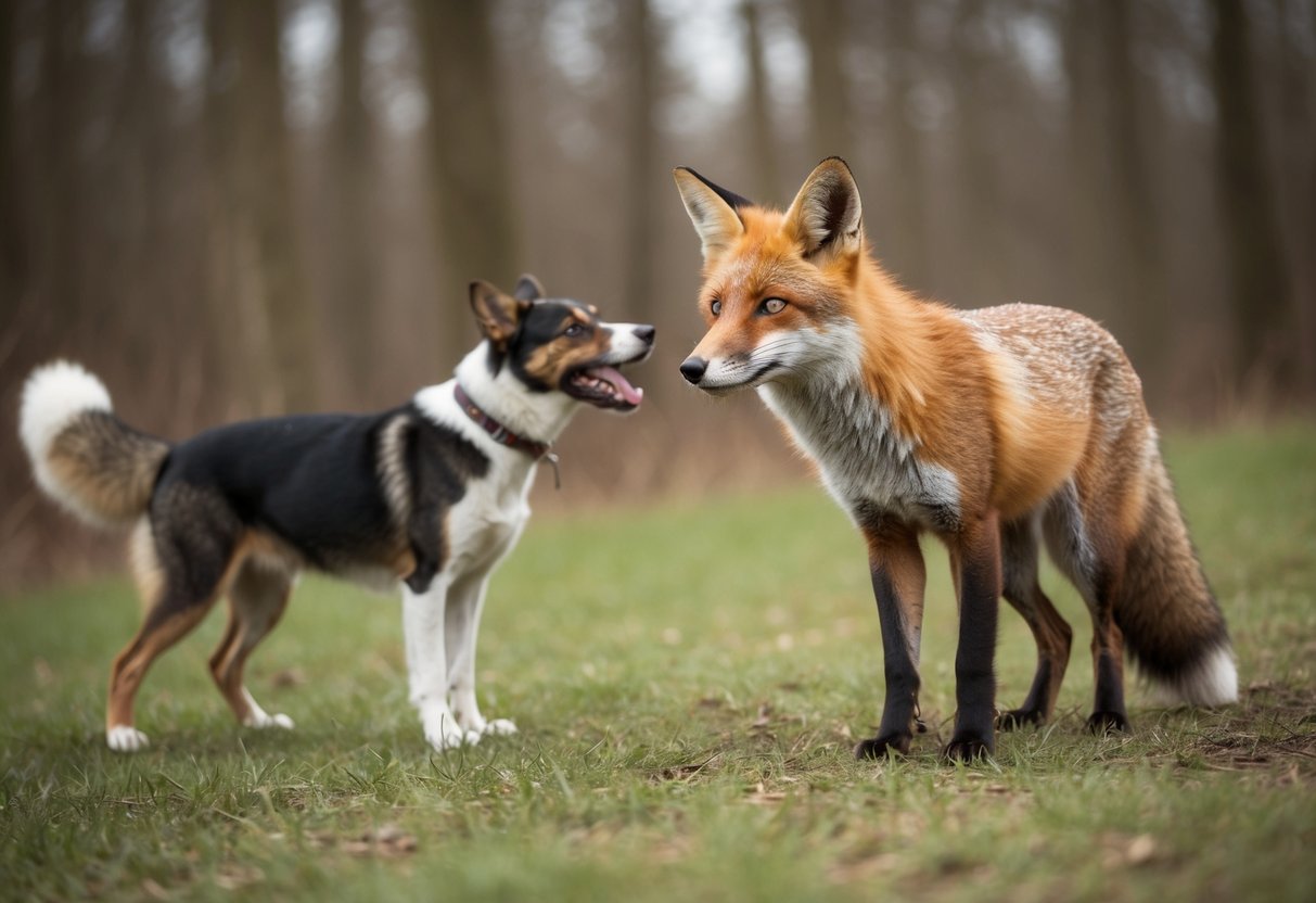 A fox cautiously watches a barking dog from a distance in a wooded area