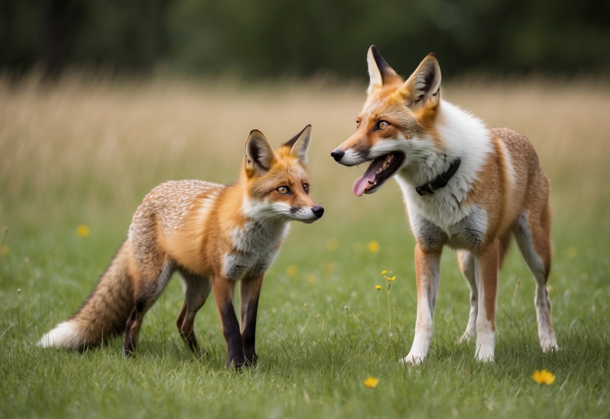 A red fox cautiously watches a barking dog from a safe distance in a grassy meadow