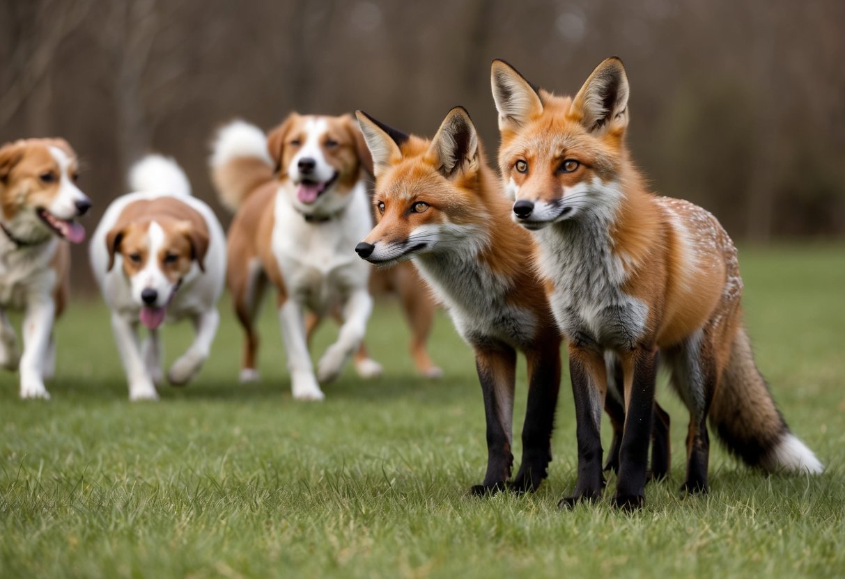 Two foxes cautiously watch a group of dogs from a distance, keeping a safe distance as they observe the playful canines