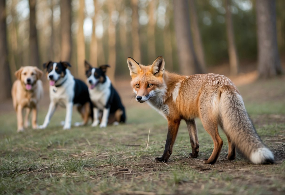 A fox cautiously watches a group of dogs from a safe distance in a wooded area